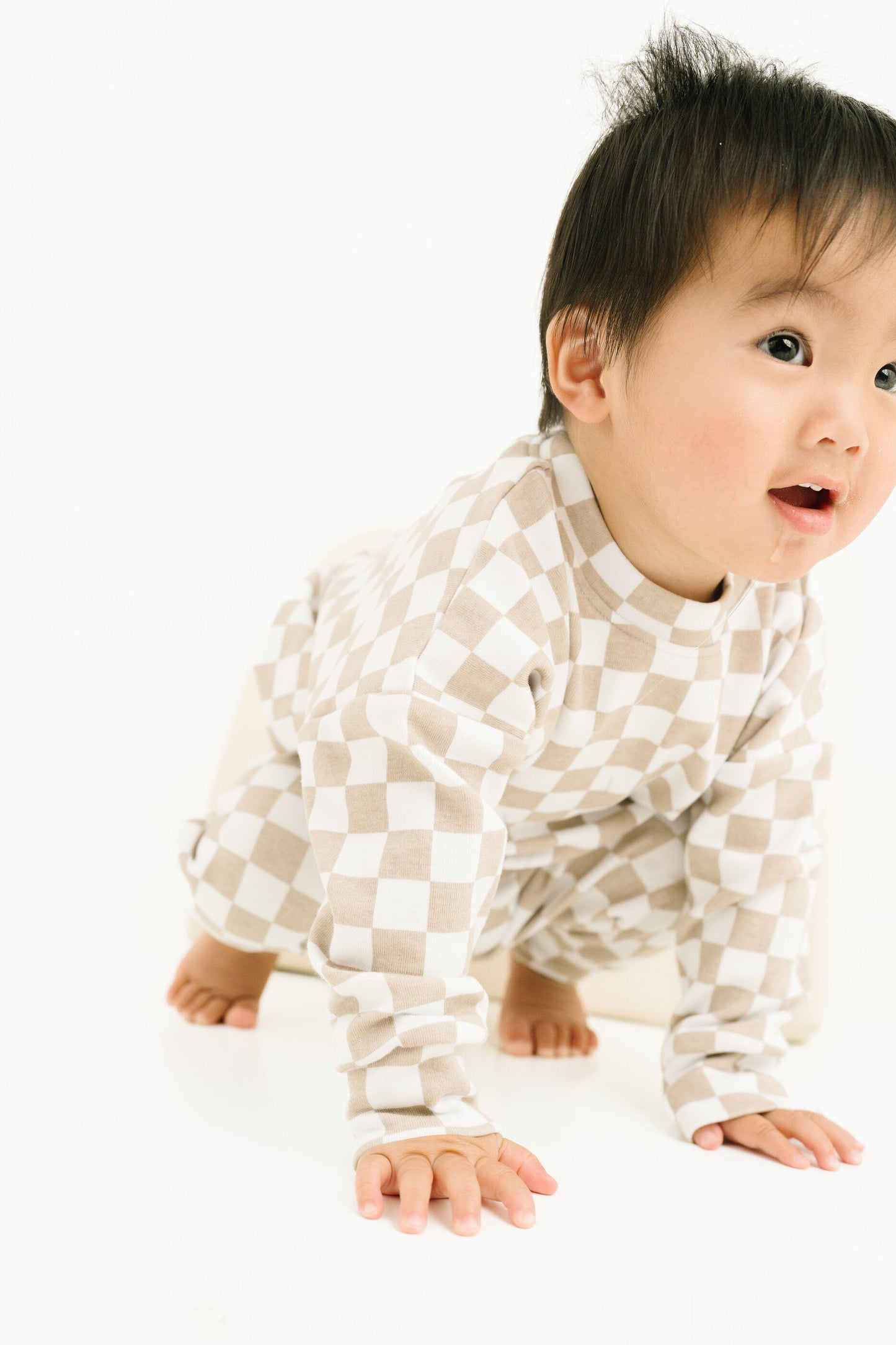 Beige Checkered Crewneck Set