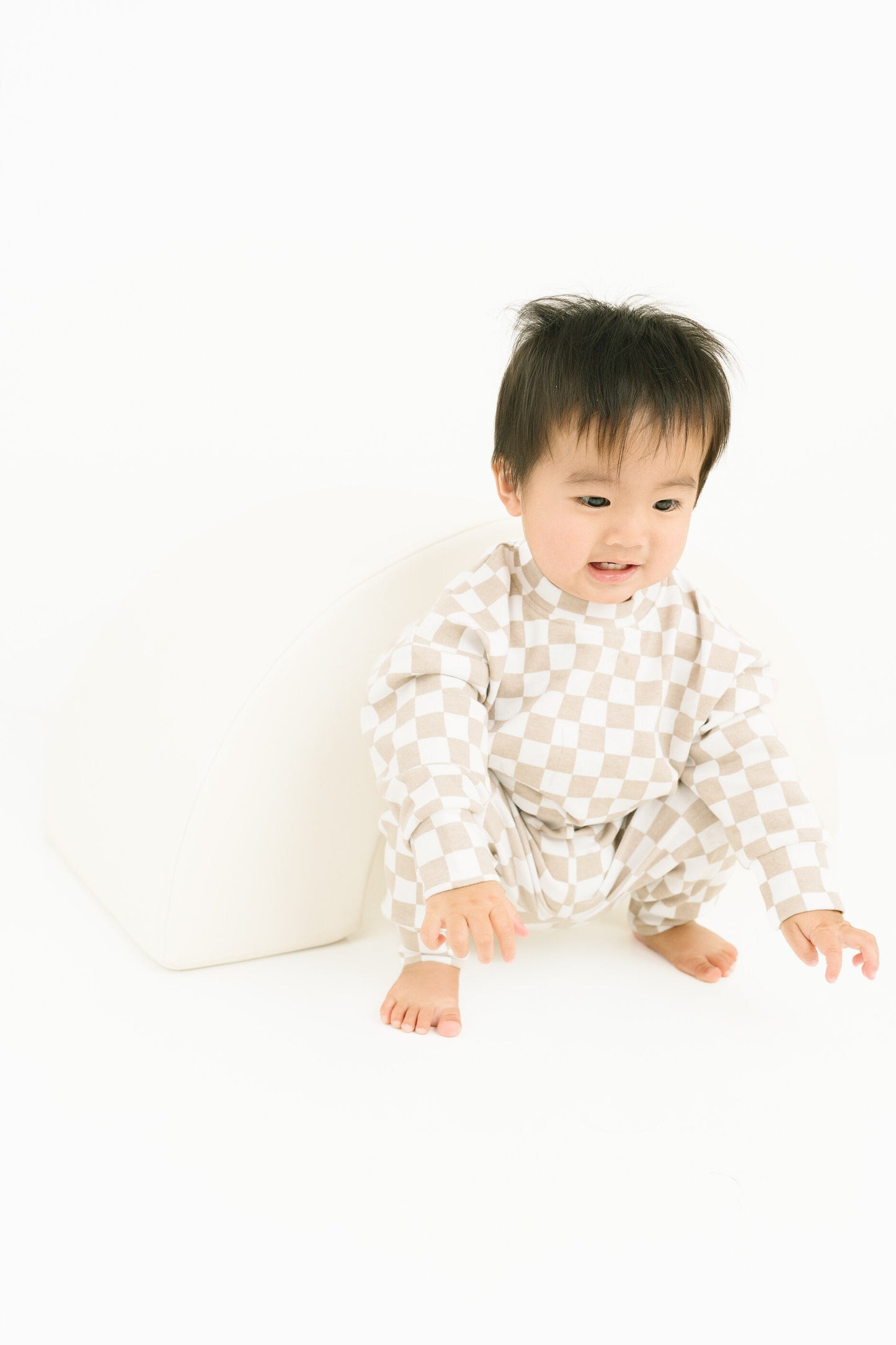 Beige Checkered Crewneck Set