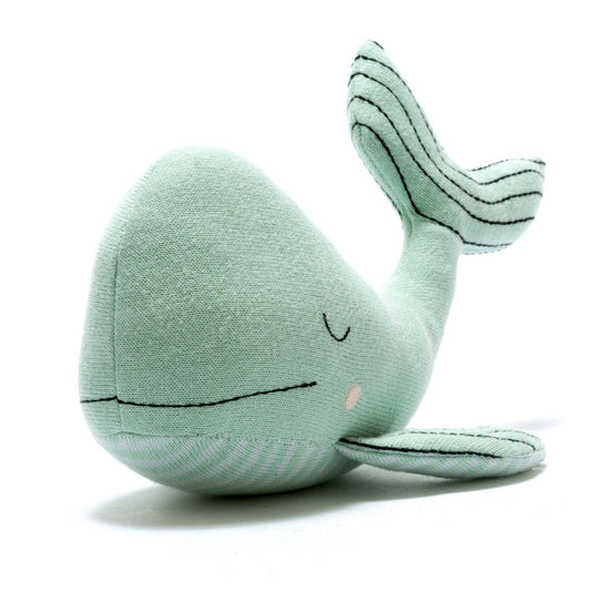 Sea Green Whale Plush Toy in Organic Cotton Knit, closed eye